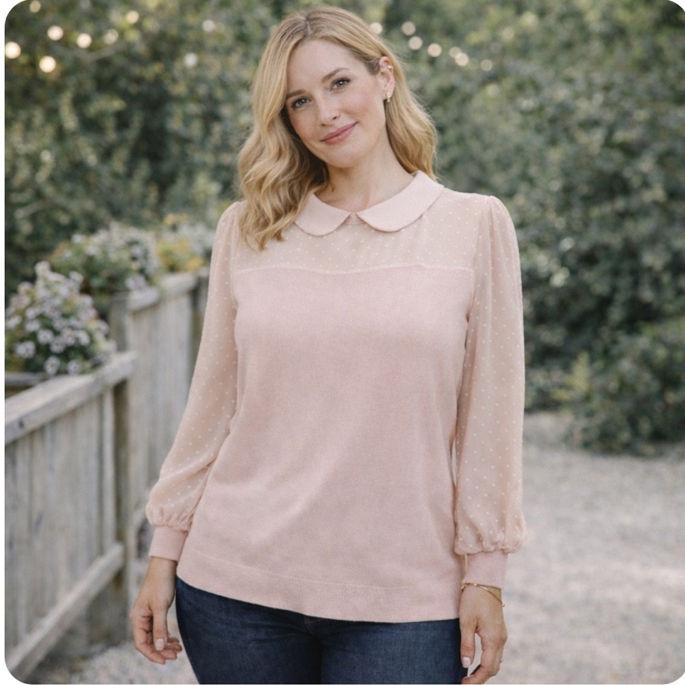 Pink Knit & Sheer Swiss-Dot Blouse